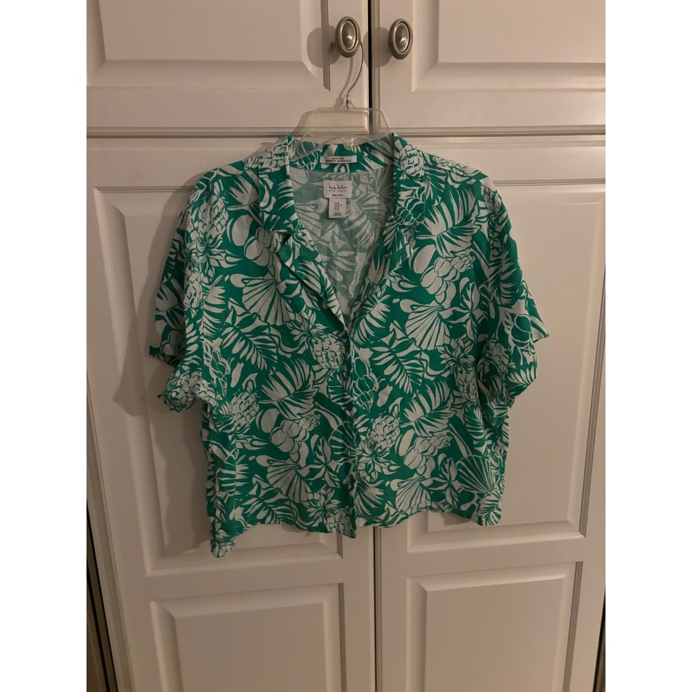 Nicole Miller New York 100% Linen Tropical Print Camp Shirt Green White XL